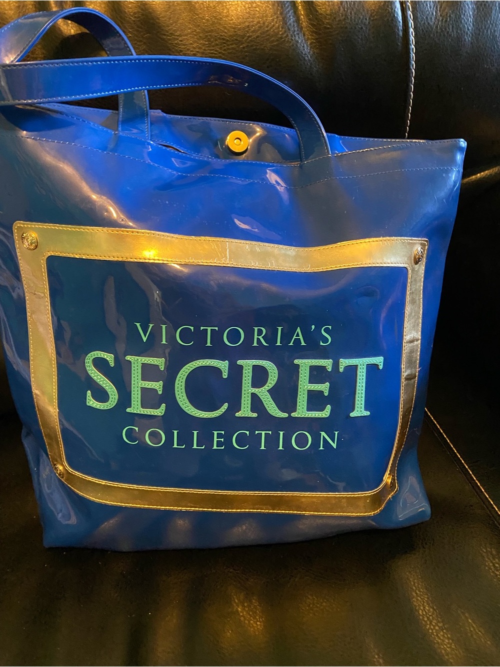 Victoria's Secret Blue Tote with Gold Trim and Green Logo